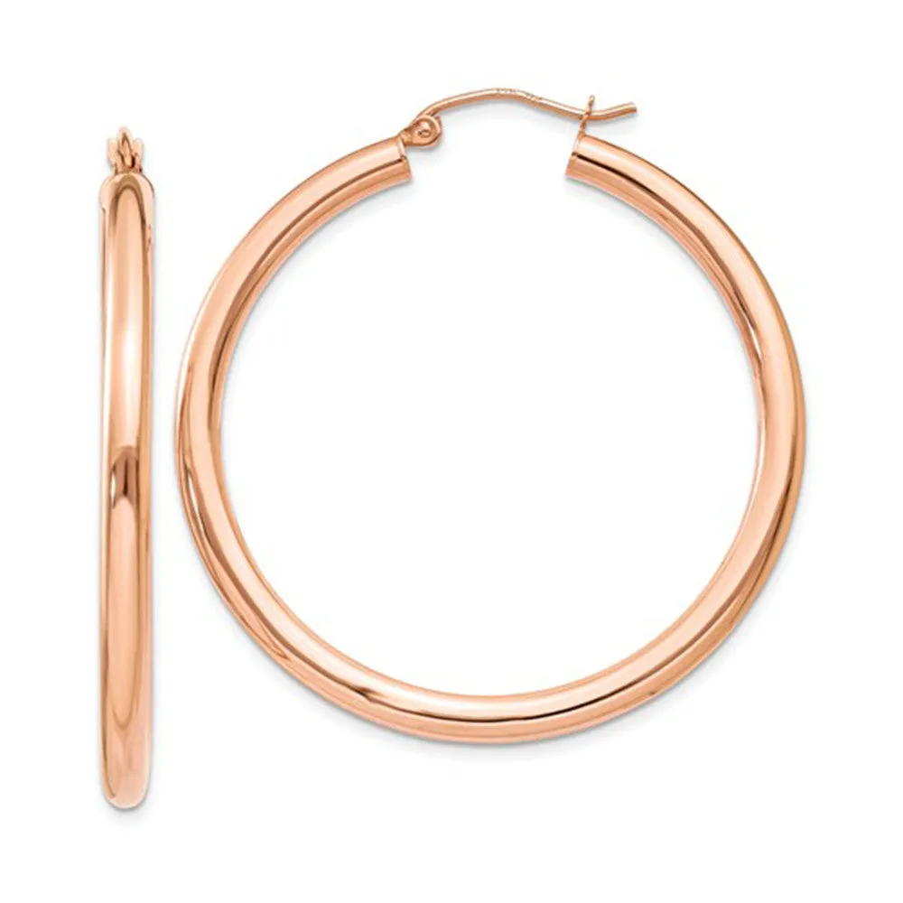 14K Rose Gold Hoop Earrings with Click-Top Clasp (3mm), All Sizes