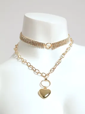2 Layer Chunky Diamante Choker & Heart Statement Necklace - Gold