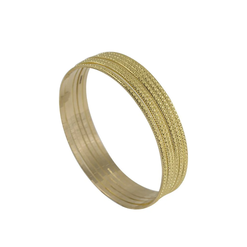 22K Yellow Gold Bangles, Set of 6 W/ Thin Lightly Textured Frame, Size 2.6
