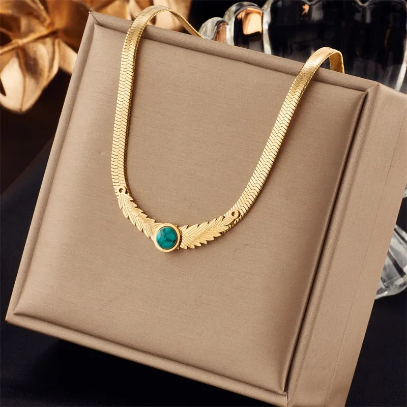 316L Stainless Steel Feather Green Stone Necklace For Women