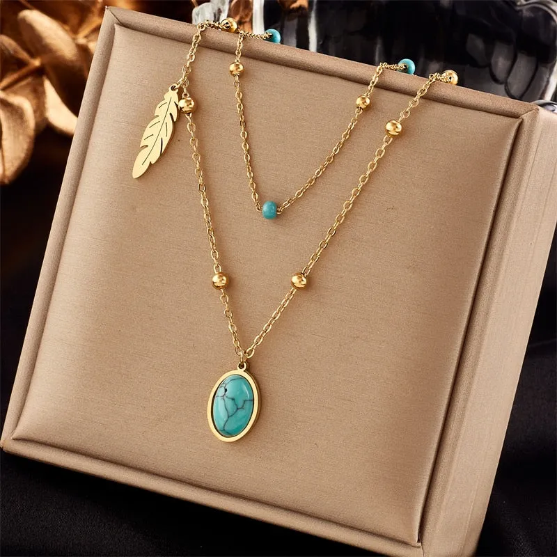 316L Stainless Steel Feather Oval Green Stone Pendant Necklace For Women