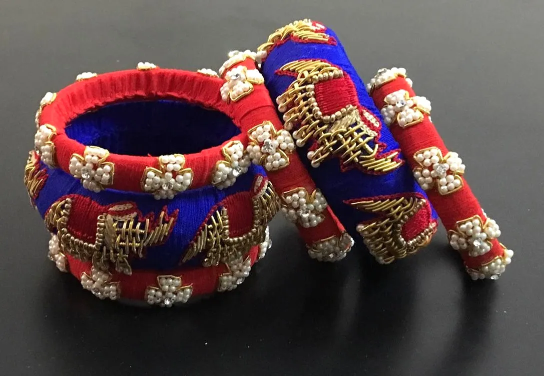 Blue & Red Raw Silk Bangles Set