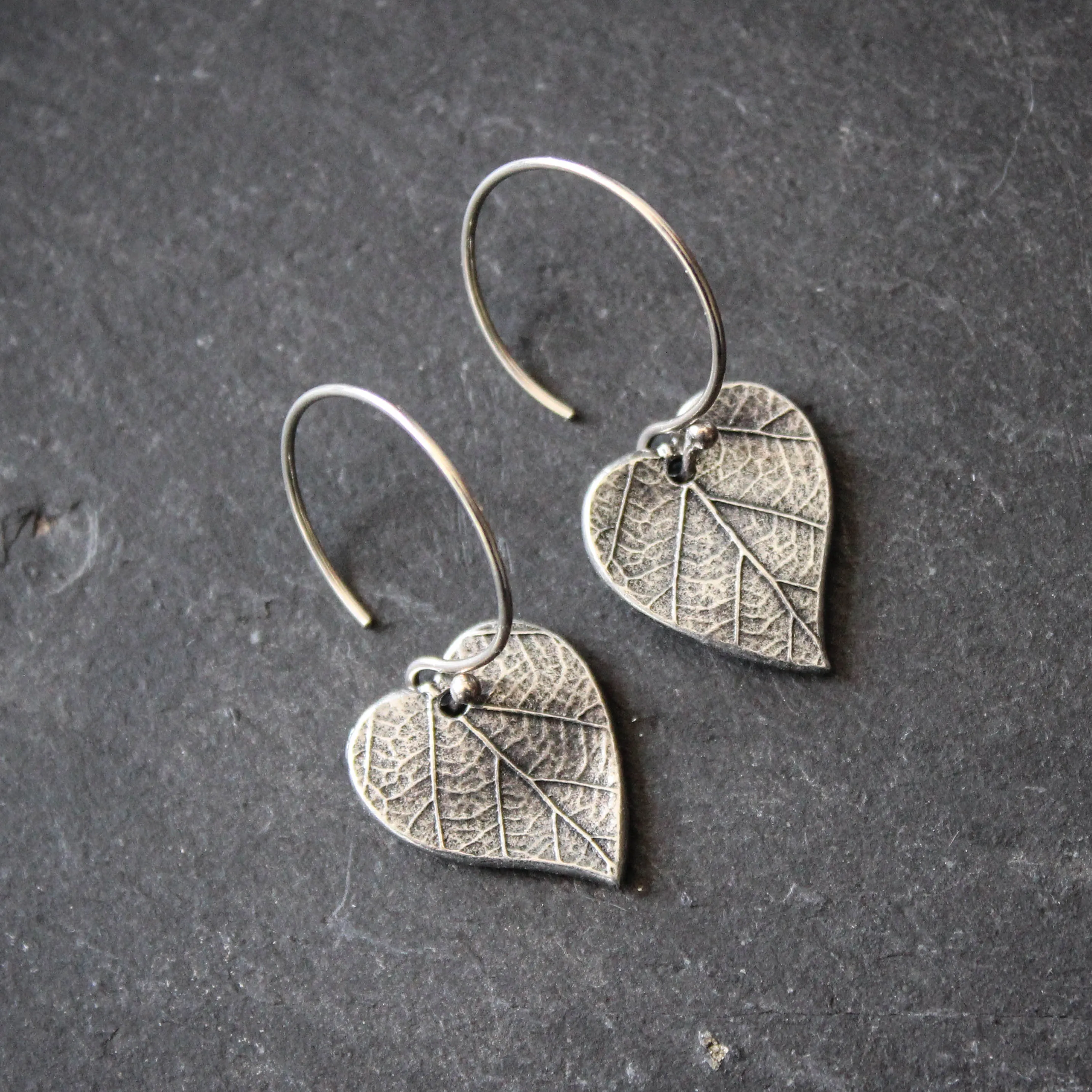 Heart Leaf Earrings in Pewter and Sterling