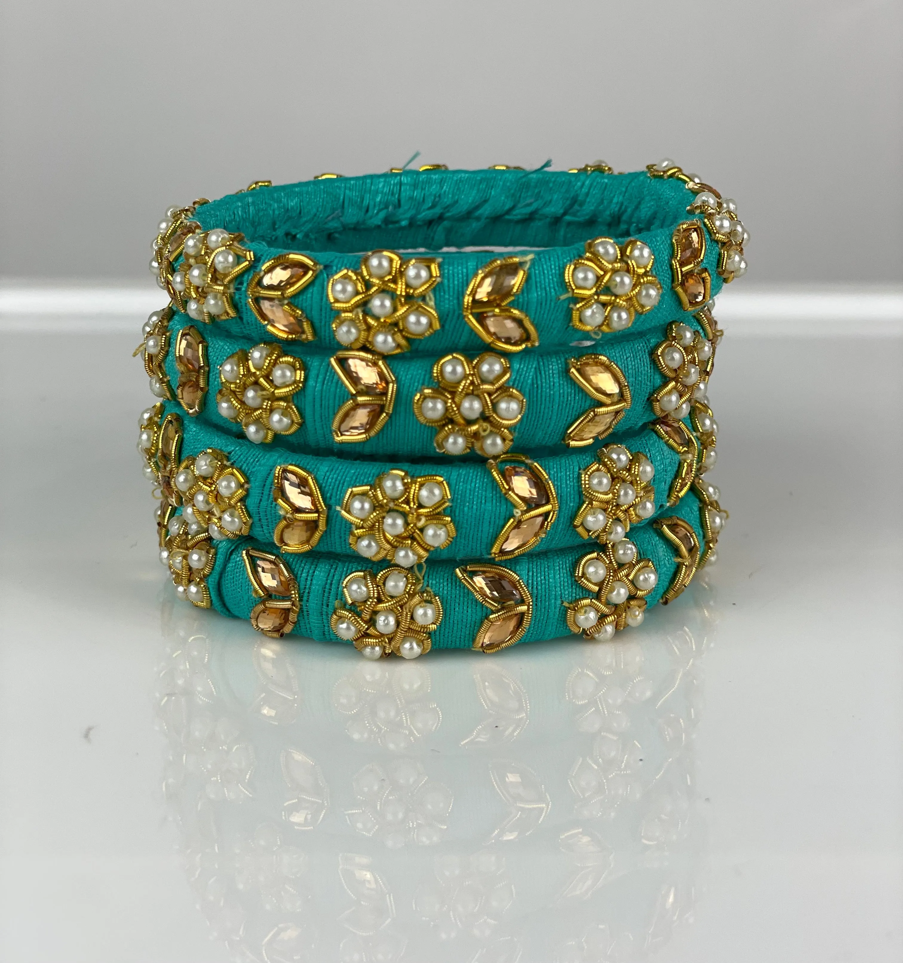 Light blue color zardosi and pearl  Raw Silk Bangles Set of 4
