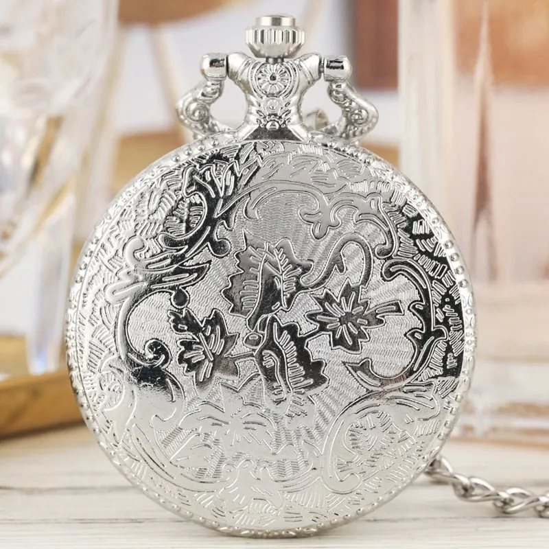 Luxury Silver Shield Crown Pattern Quartz Pocket Watch