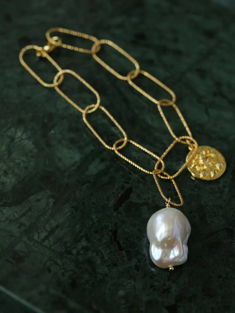 Metal Thick Chain Baroque Pearl Charm Bracelet