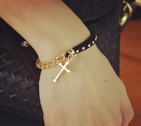 New Fashion 18K gold filled leather rope chain cross charm bracelets Valentine's Day gift for women