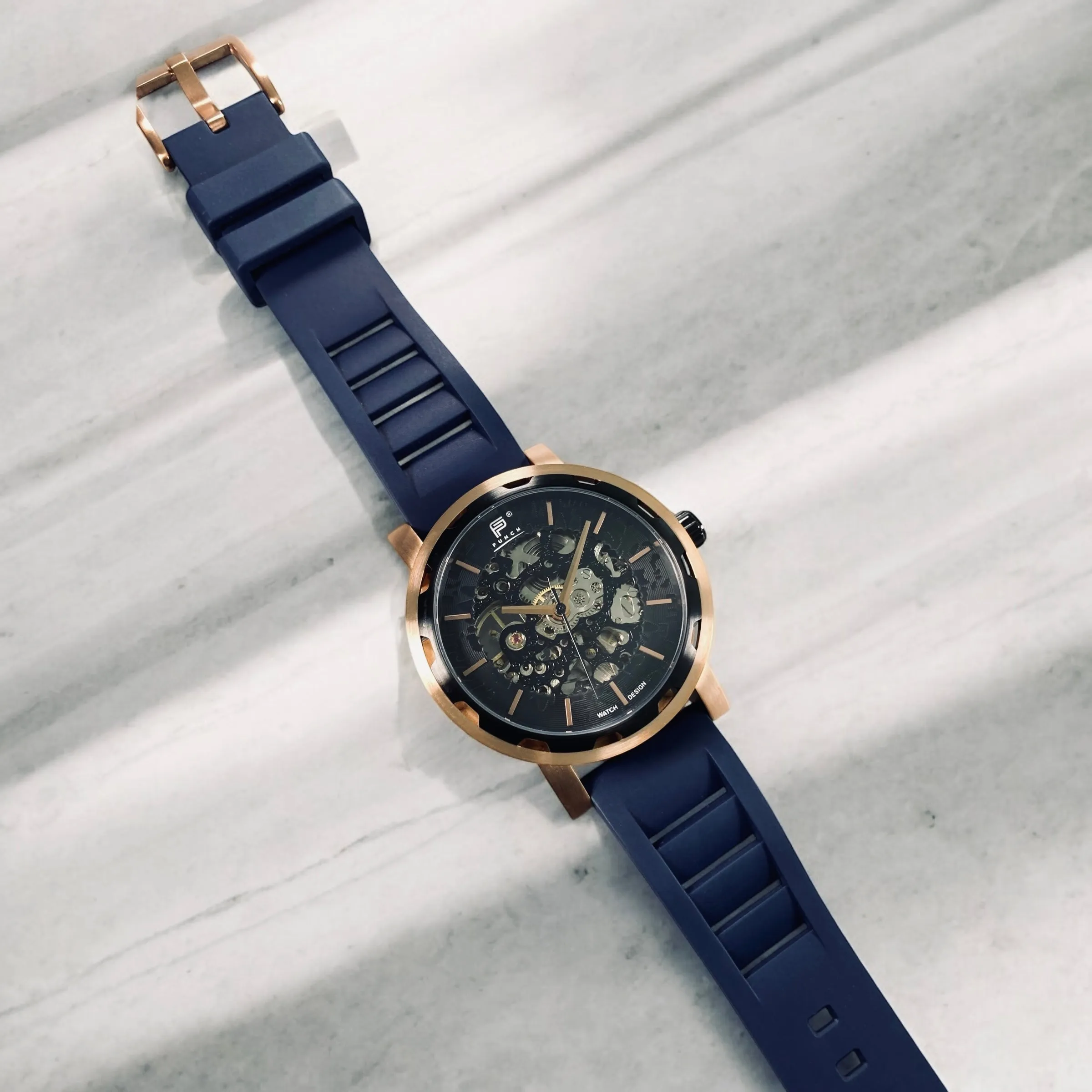 PUNCH Mens Watch, Rose Gold & Black Skeleton Automatic Watch - Navy Rubber Strap